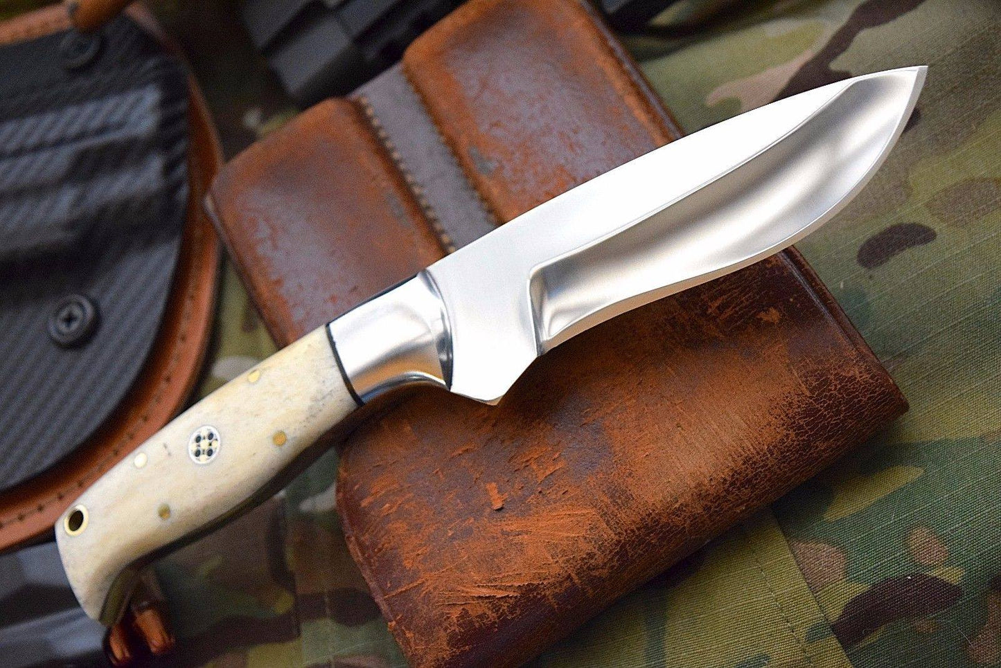 Premium Custom J2 Steel ELK Skinning Knife - 9" Bone Handle & Leather Sheath by KBS Knives - Korvel