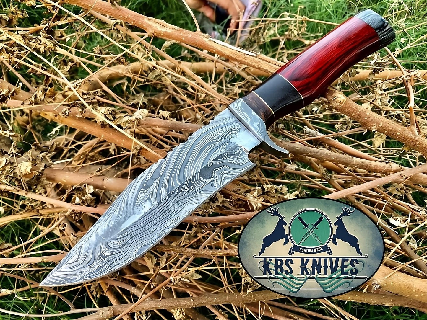 Exquisite Custom Handmade Bowie Knife with Damascus Blade & Unique Wood Handle - 12.5 Inches - Korvel
