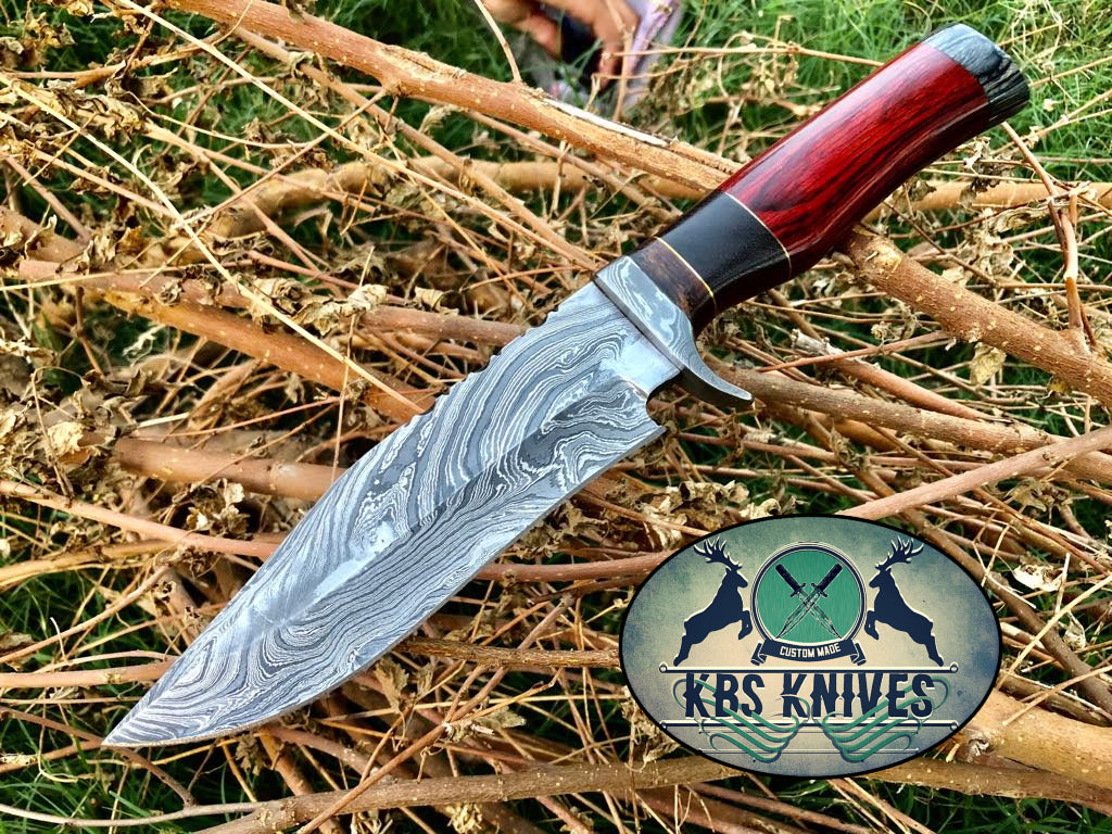 Exquisite Custom Handmade Bowie Knife with Damascus Blade & Unique Wood Handle - 12.5 Inches - Korvel