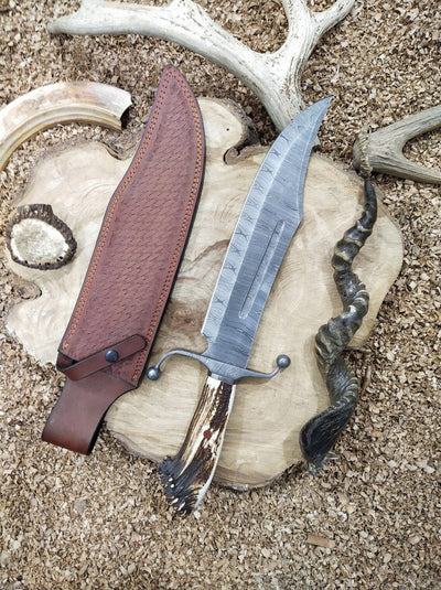 Artisan Crafted Bowie Knife with Unique Twisted Damascus Blade & Antler Handle - 15 Inches - Korvel