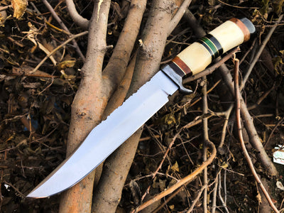 Premium Custom D2 Steel Bowie Knife – 14-Inch Blade with Bone & Colorful Wood Handle, Damascus Guard & Leather Sheath | Ideal for Hunters – - Korvel