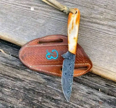 Artisan Damascus Steel Belt Knife with Exotic Camel Bone Handle - Korvel