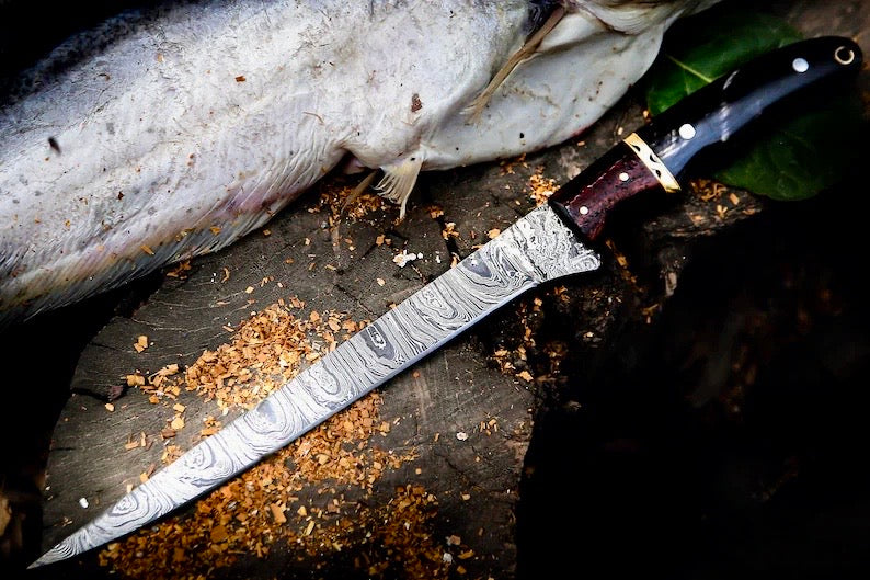 Premium 13” Handmade Damascus Fillet Knife – Buffalo Horn & Rosewood Handle with Leather Sheath - Korvel