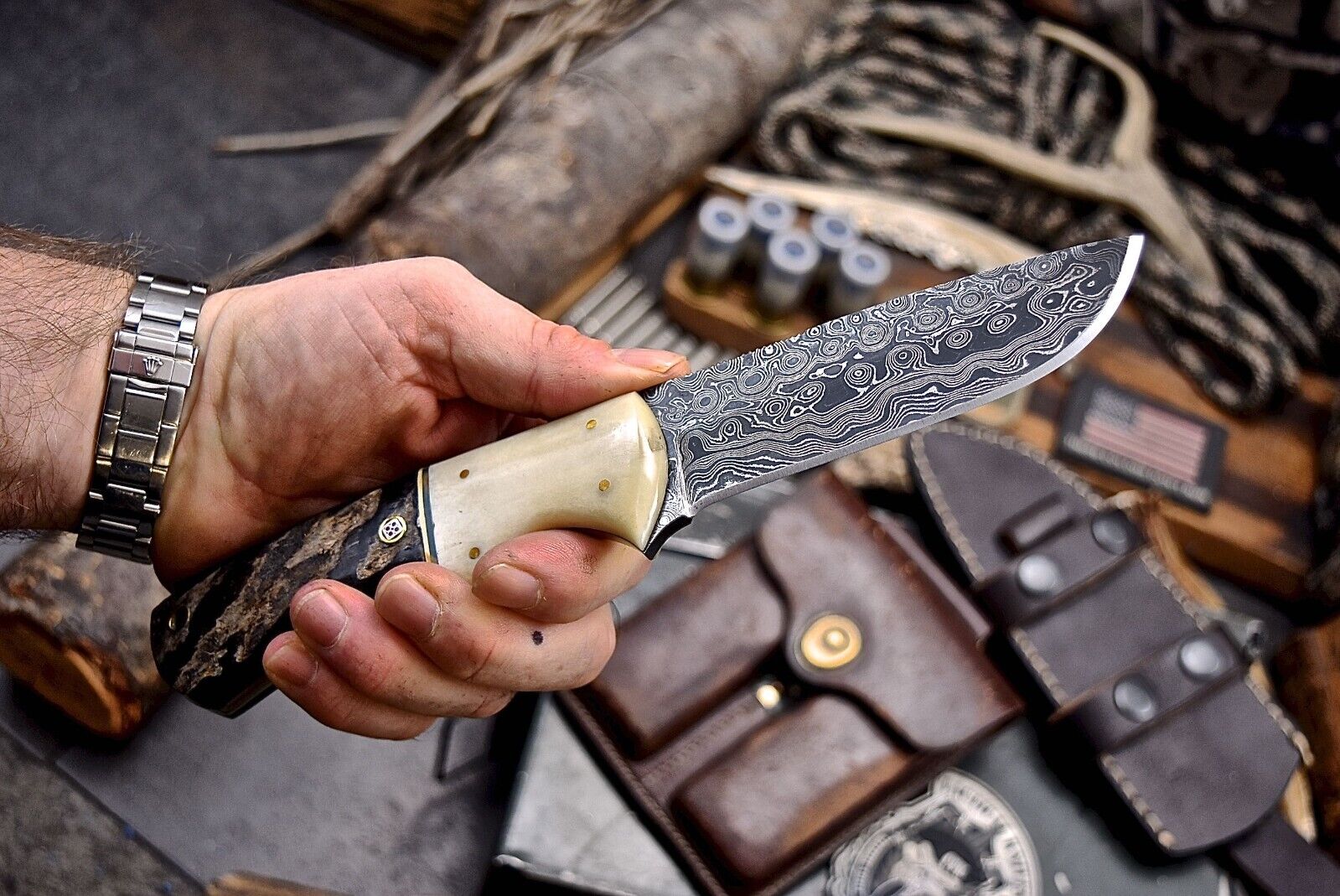 Artisan Damascus Skinning Knife with Camel Bone & Sheep Horn Handle - Korvel