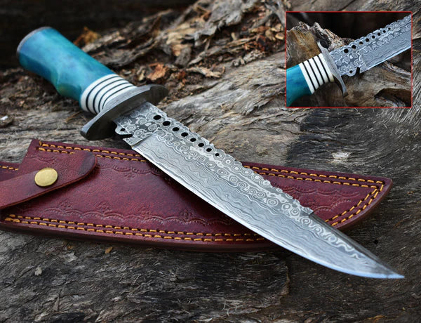 Artisan Crafted 13" Damascus Steel Bowie Knife with Camel Bone Handle & Leather Sheath - Korvel