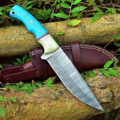 Premium Custom Damascus Steel Hunting Knife – 10-Inch Blade with Ergonomic Resin Handle & Leather Sheath - Korvel
