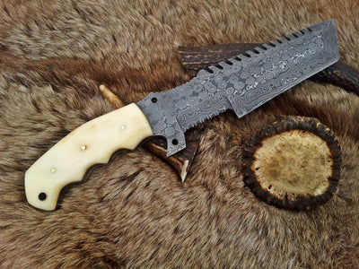 Premium Custom Damascus Tanto Tracker Knife with Camel Bone Handle & Leather Sheath – 12-Inch Full Tang Survival Tool by KBS Knives - Korvel