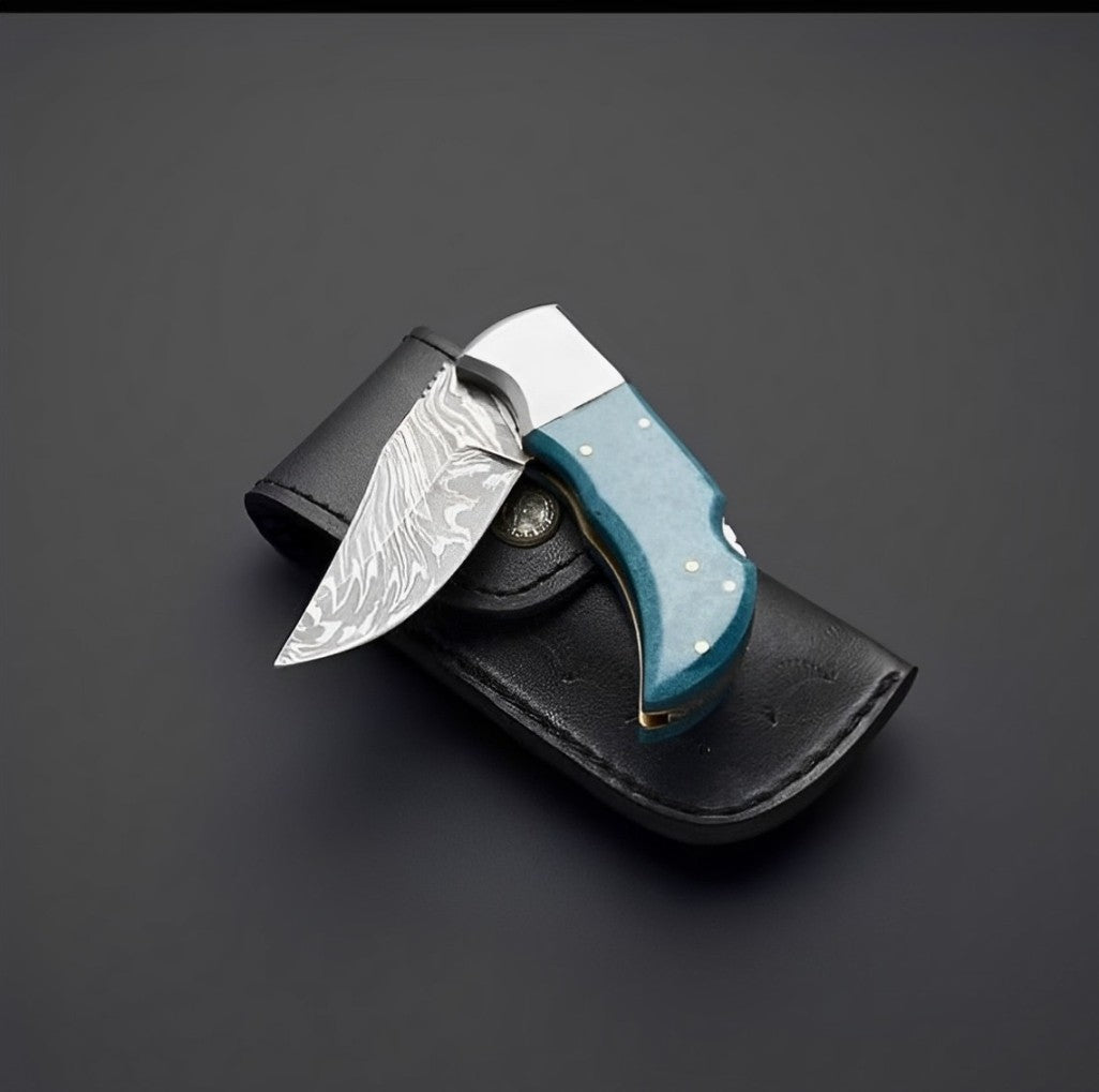 Custom Handmade Damascus Steel Pocket Knife with Turquoise Epoxy Handle | 2.5-Inch Blade | KBS Knives - Korvel