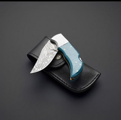 Custom Handmade Damascus Steel Pocket Knife with Turquoise Epoxy Handle | 2.5-Inch Blade | KBS Knives - Korvel