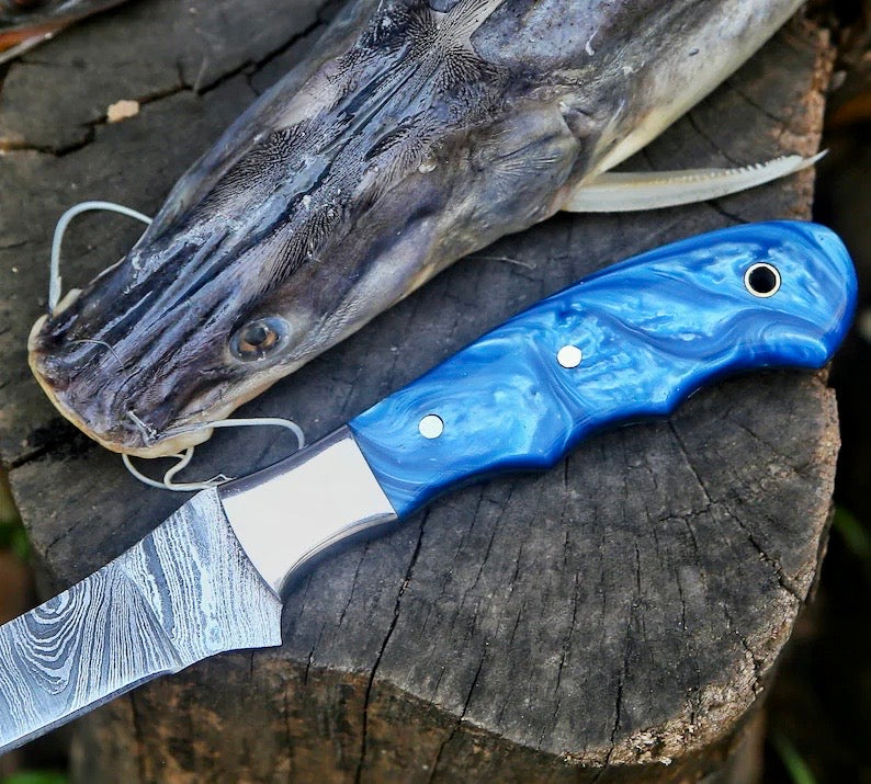 Premium Custom 13-Inch Damascus Steel Fillet Knife with Resin Handle & Leather Sheath - Korvel