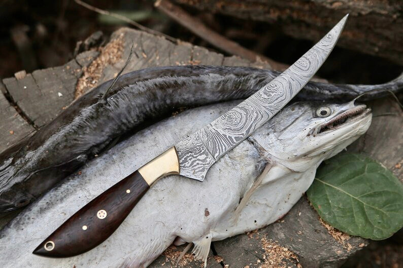 Premium Damascus Fillet Knife – 13" Rosewood Handle with Leather Sheath - Korvel