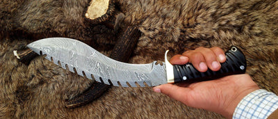 Authentic 15" Damascus Kukri with Buffalo Horn Handle - Korvel