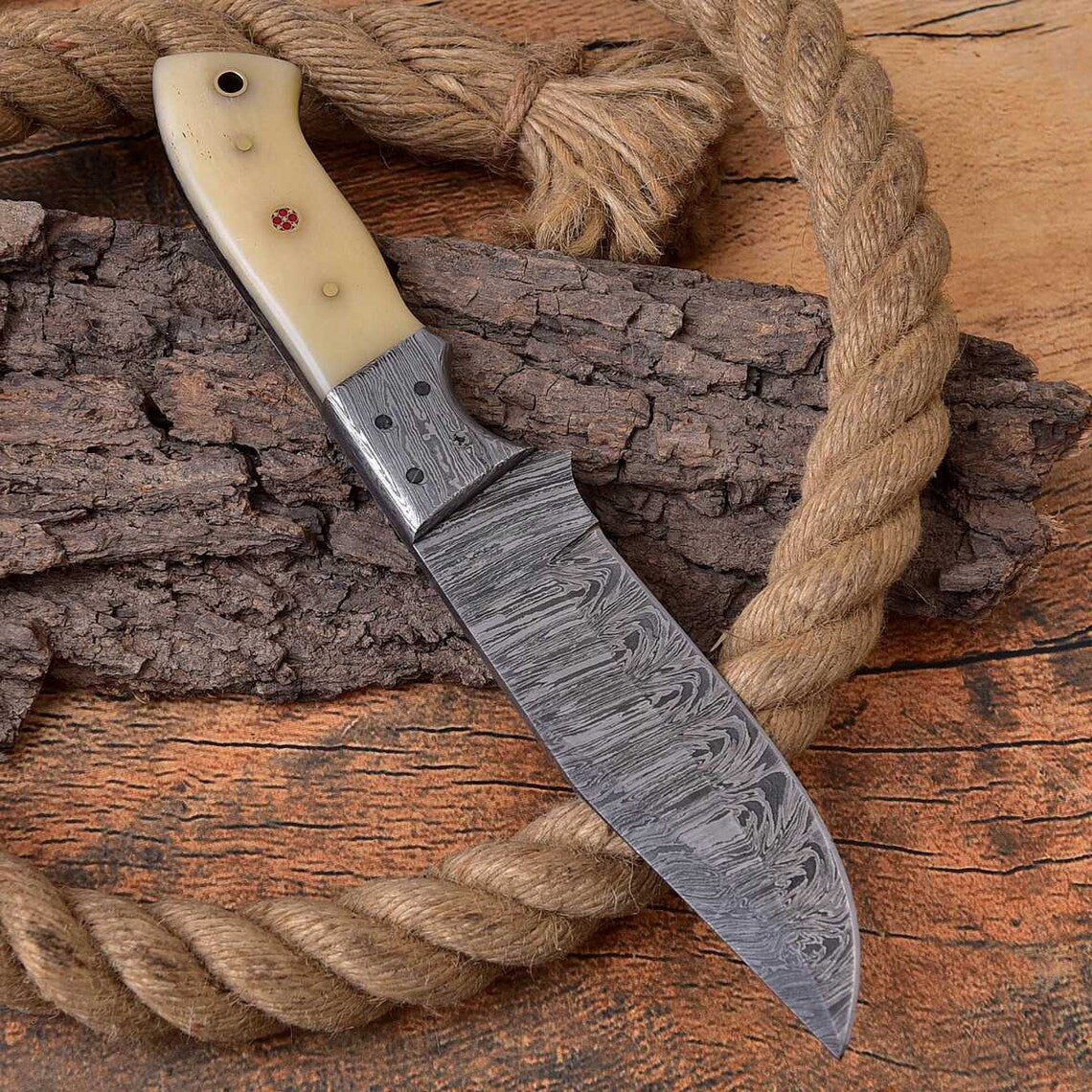 Artisan Crafted Hunting Knife with Damascus Steel Blade & Bone Handle - 9 Inch - Korvel