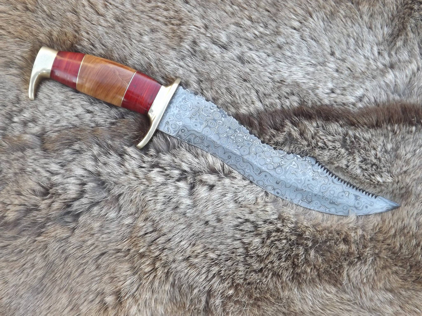 Artisan Crafted Bowie Knife with Unique Raindrops Damascus Blade and Olive Wood Handle - 15 Inches - Korvel