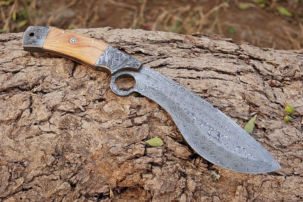 Handcrafted 12" Bushcraft Kukri Knife with Damascus Blade & Olivewood Grip - Korvel