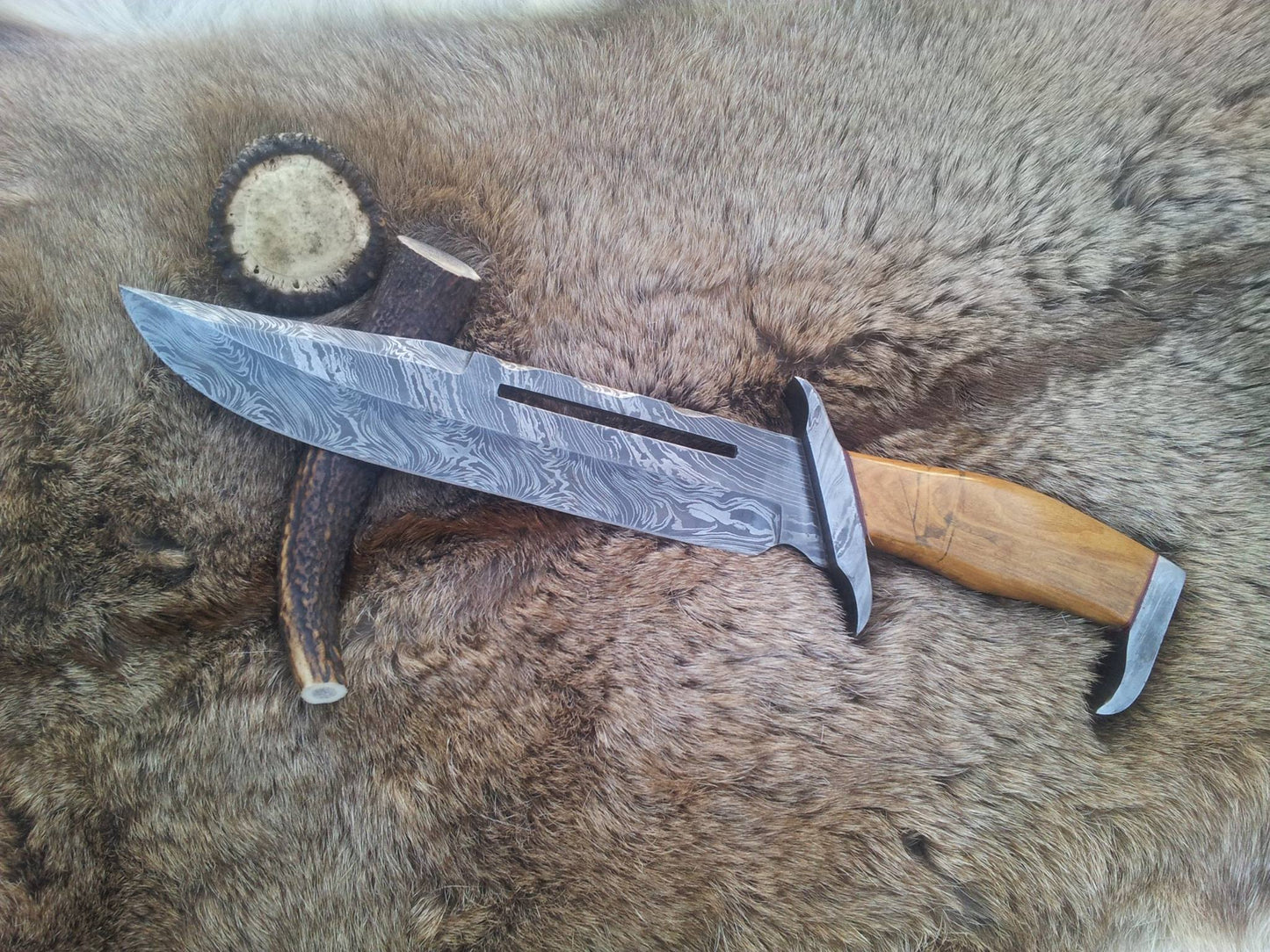 Premium Custom Damascus Bowie Knife with Olivewood Handle - Korvel