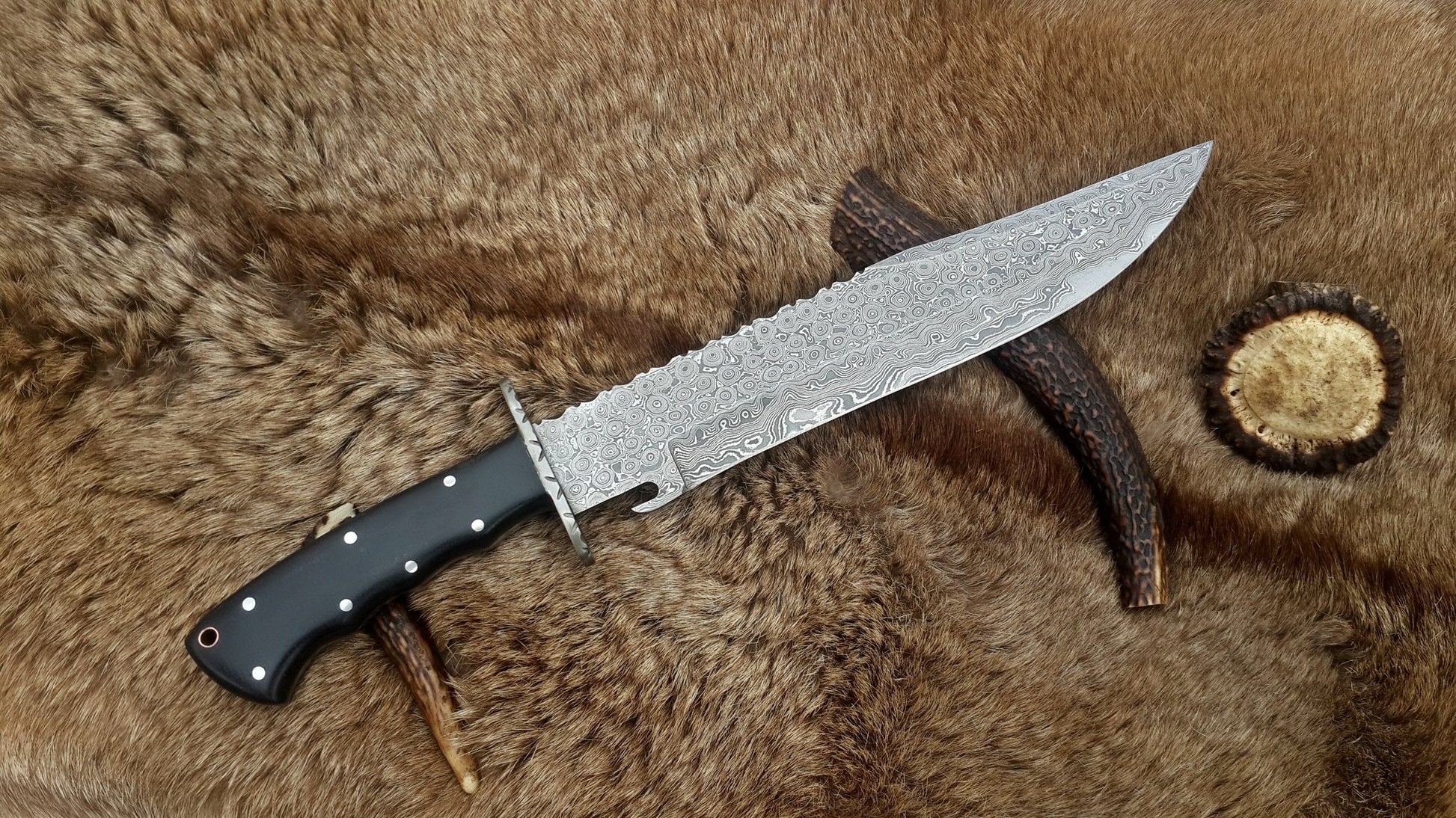 Premium Custom Wild Pig Hunter Bowie Knife - 16" Damascus Steel Blade with Black Micarta Handle - Korvel