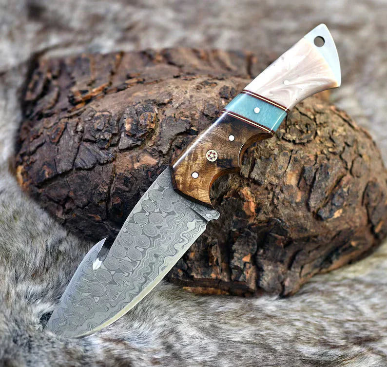 Elite Damascus Guthook Skinning Knife – Elegant Rosewood & Bone Handle – 10” Essential for Hunters - Korvel