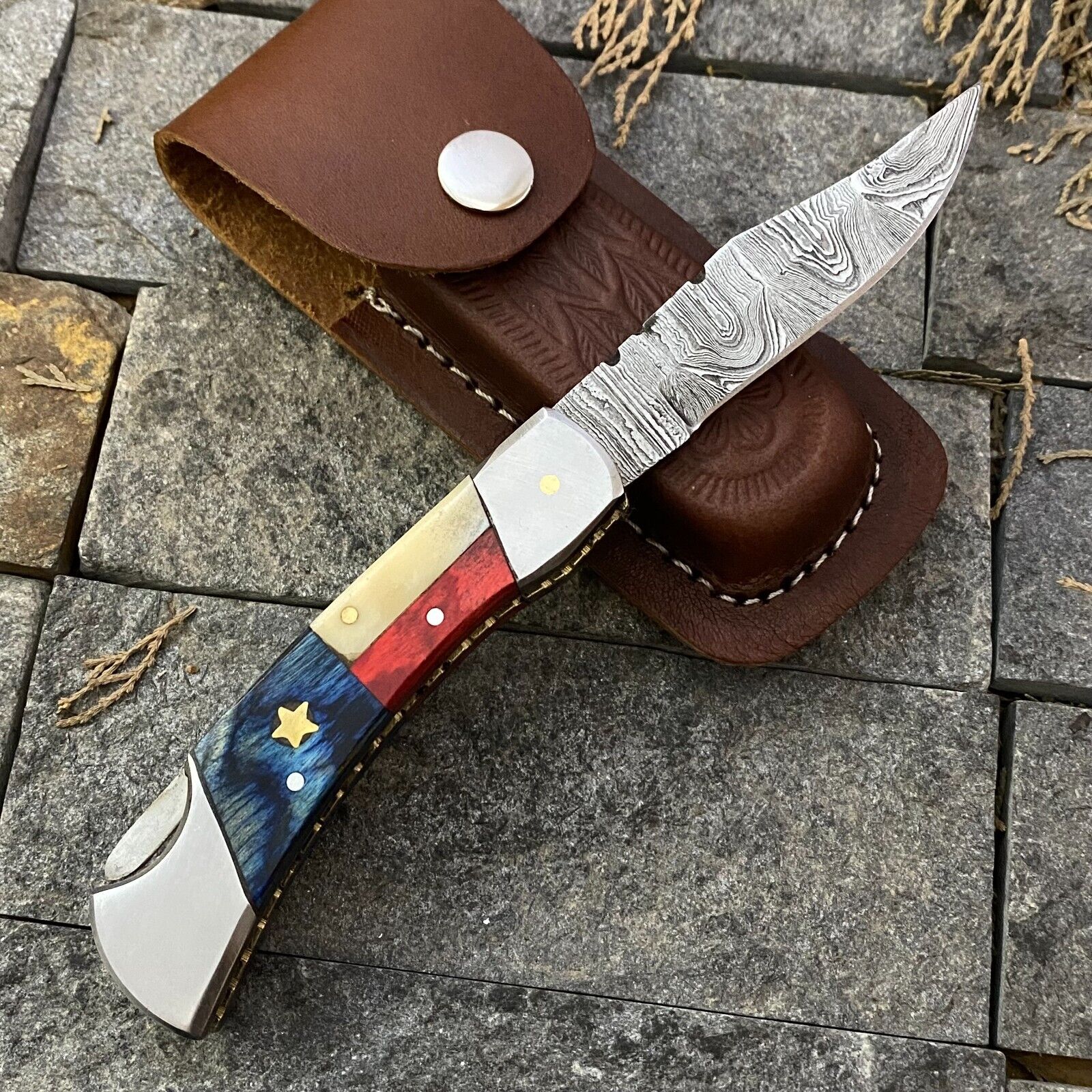 Texas Pride Damascus Steel Folding Knife – 3" Blade with Leather Sheath - Korvel