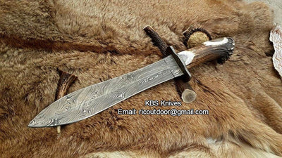 Ultimate Double Edge Hunter Bowie Knife - Handcrafted Damascus Steel Blade with Stag Horn Handle | 17.5" | Leather Sheath Included - Korvel