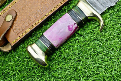 Premium Damascus Steel Bowie Knife - 16" with Elegant Brass Guard and Comfortable Pakkawood Handle, Includes Leather Sheath - Korvel