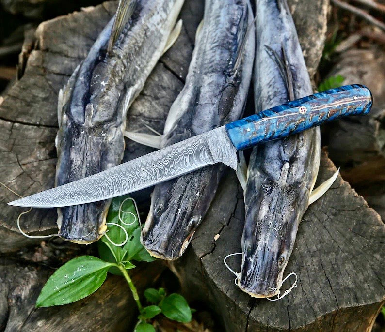 Premium Custom Damascus Fillet Knife – 13” Pine Cone Grip with Leather Sheath - Korvel