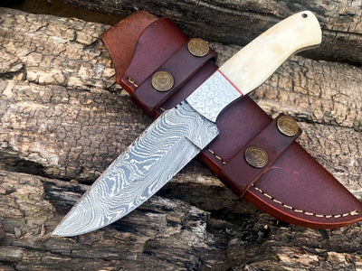 Premium Custom Damascus Bushcraft Knife with Camel Bone Handle - Korvel