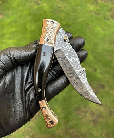 Artisan Crafted Damascus Steel EDC Folding Knife with Colorful Bone Handle & Brass Inlay - Includes Leather Sheath - Korvel