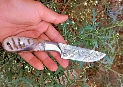 Artisan Damascus Steel Knife with Sheep Horn Handle & Leather Sheath - Korvel