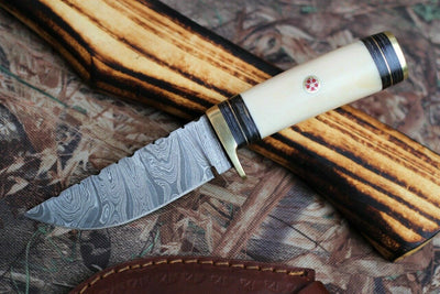 Handcrafted Damascus Steel Camping Knife with Elegant Camel Bone Handle - Korvel