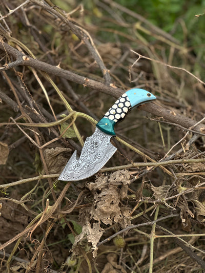 Artisan Damascus Steel Guthook Knife – 7.5” Resin Handle with Leather Sheath - Korvel