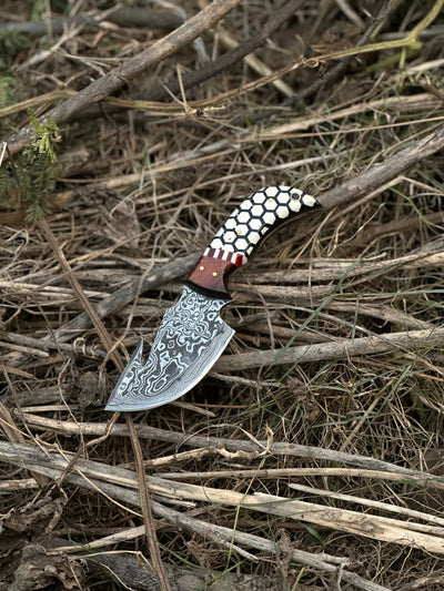 Artisan Crafted Damascus Steel Guthook Skinning Knife with Elegant Rosewood & Resin Handle - 7.5” with Premium Leather Sheath - Korvel