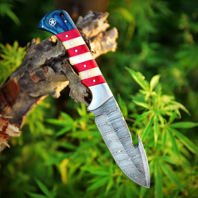 Patriotic Custom Damascus Skinning Knife with American Flag Handle - Korvel