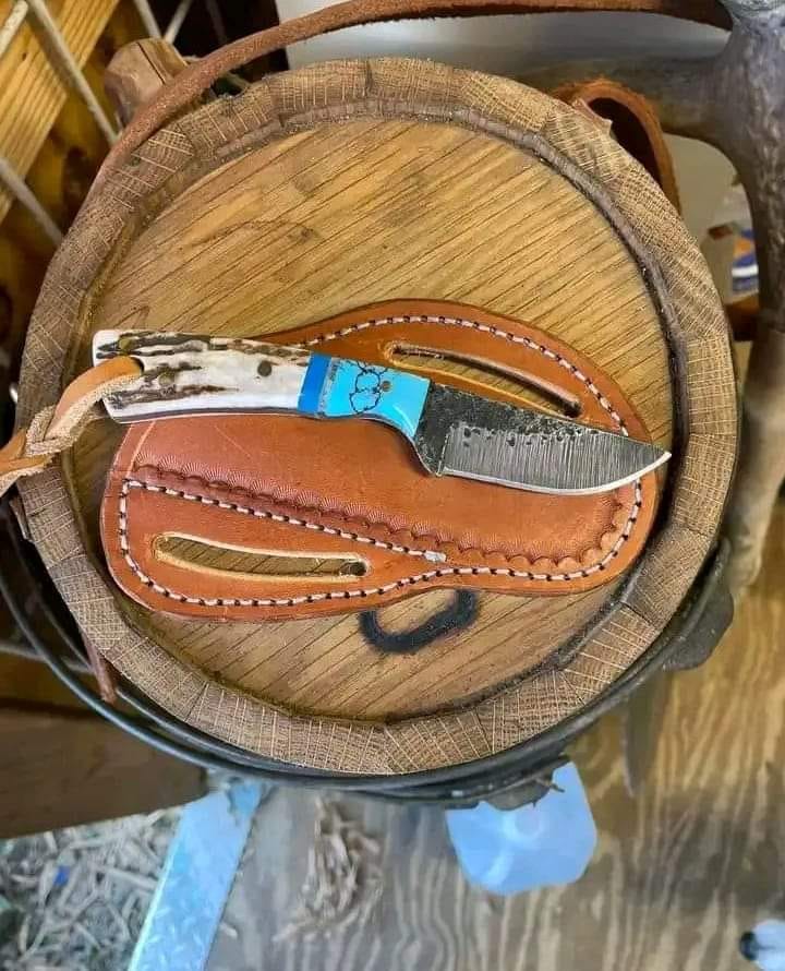 Handcrafted Cowboy Knife with J2 Steel Blade & Stag Horn Handle in Belt Holster - Korvel