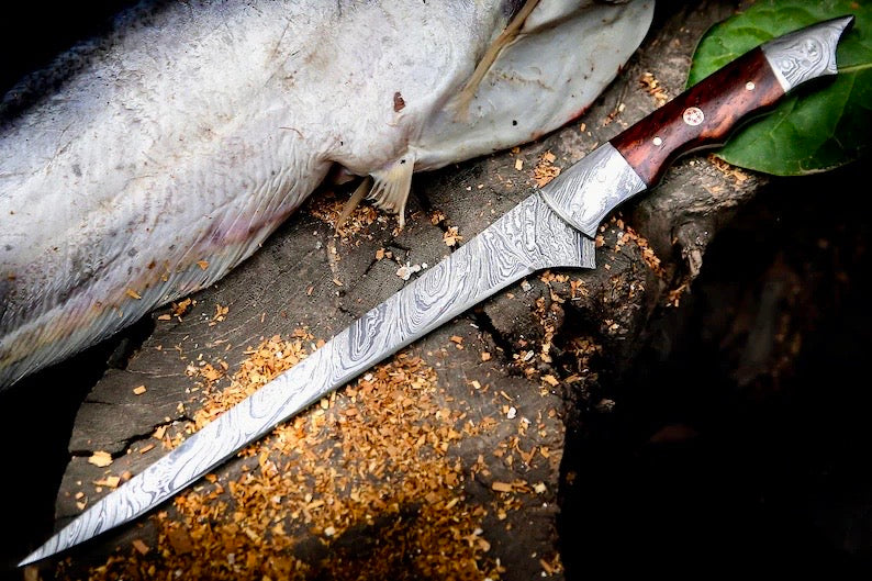 Premium Handmade Damascus Steel Fish Fillet Knife – 13” Rosewood Handle with Leather Sheath - Korvel