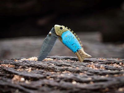 Artisan Crafted Fish-Inspired Damascus Steel Folding Knife with Epoxy Resin Handle & Brass Details - Includes Premium Leather Sheath - Korvel