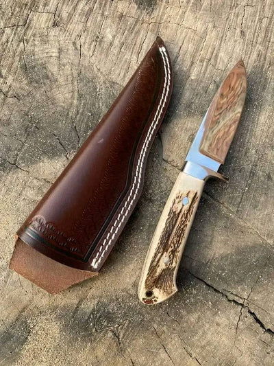 Premium Custom Handmade Knife Belt with J2 Steel Blade & Stag Horn Grip - Includes Leather Sheath - Korvel