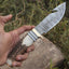 Artisan Crafted Damascus Steel Guthook Skinning Knife – 9" Stag Horn Handle with Brass Guard & Leather Sheath - Korvel