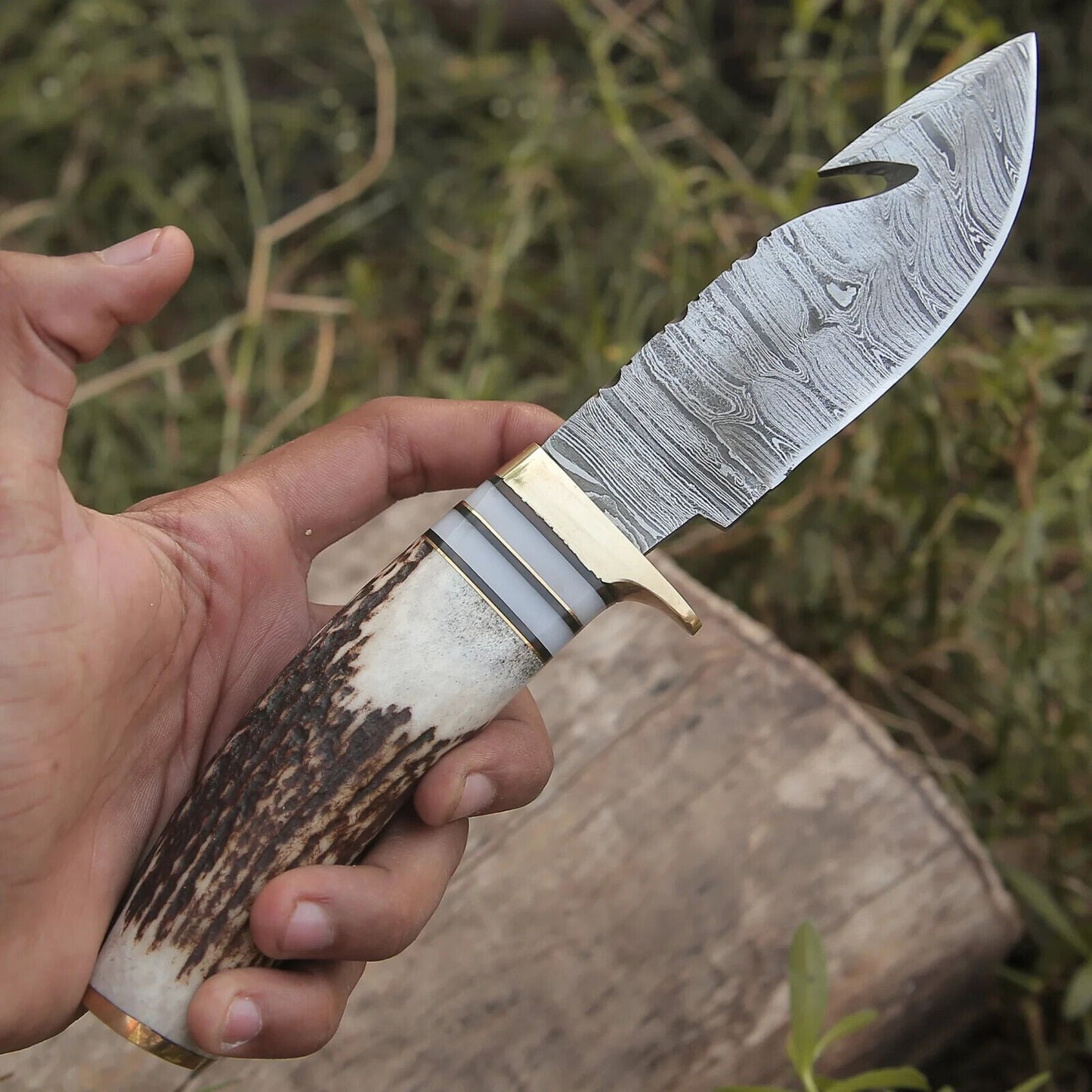 Artisan Crafted Damascus Steel Guthook Skinning Knife – 9" Stag Horn Handle with Brass Guard & Leather Sheath - Korvel
