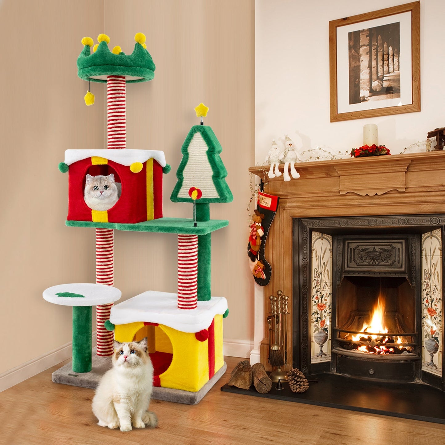 Arbre à chat de Noël mignon avec poteaux à gratter - Multicolore