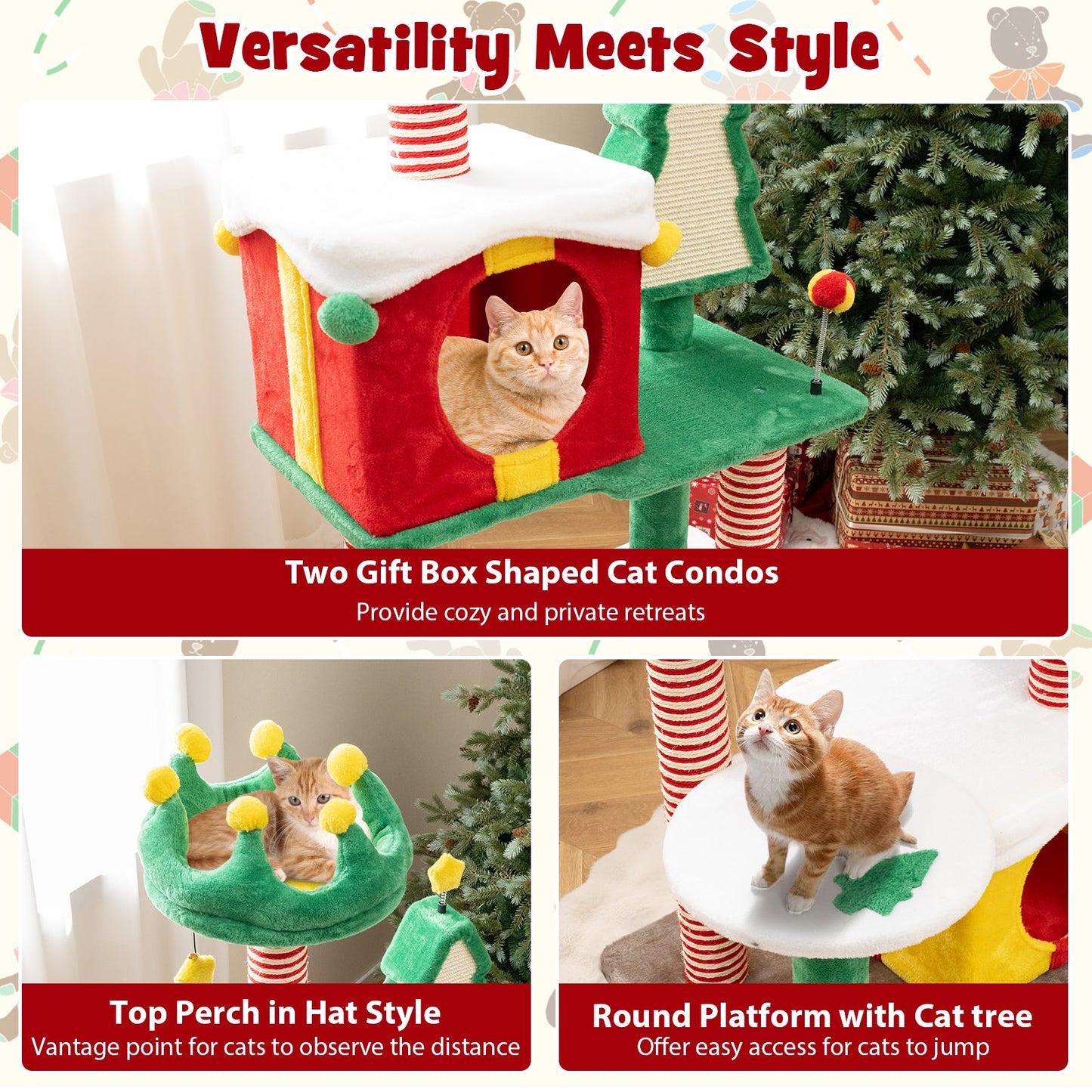Arbre à chat de Noël mignon avec poteaux à gratter - Multicolore