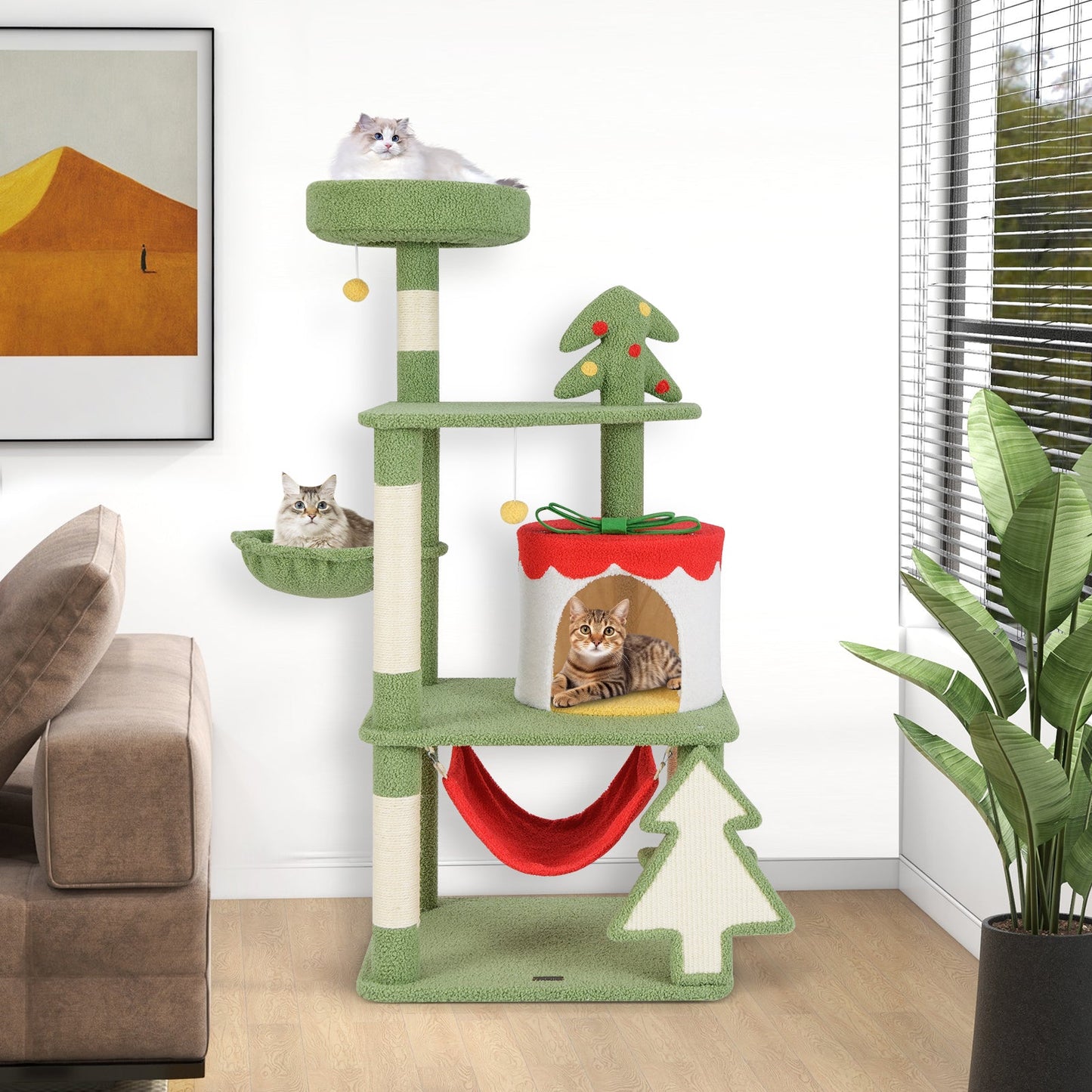 Cute Christmas Cat Tree with Gift Box Condo - Green