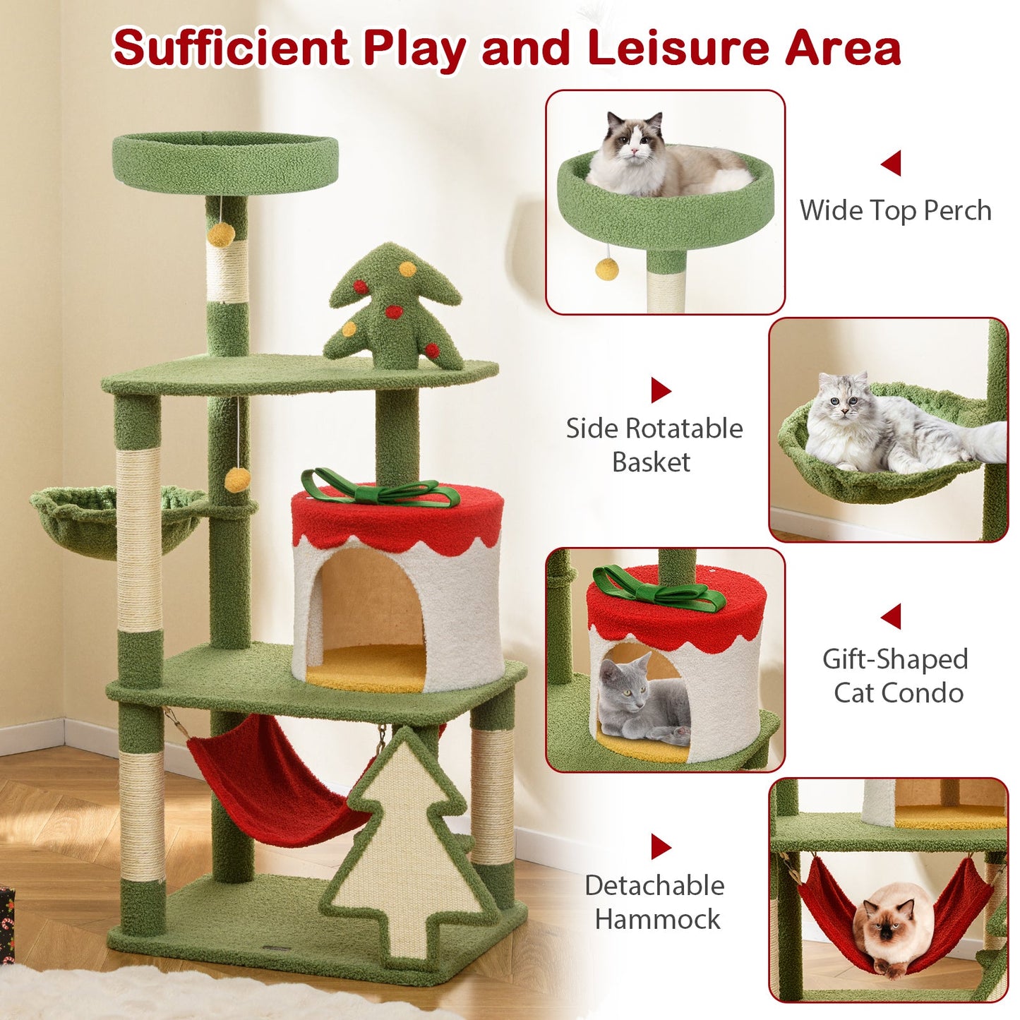 Cute Christmas Cat Tree with Gift Box Condo - Green