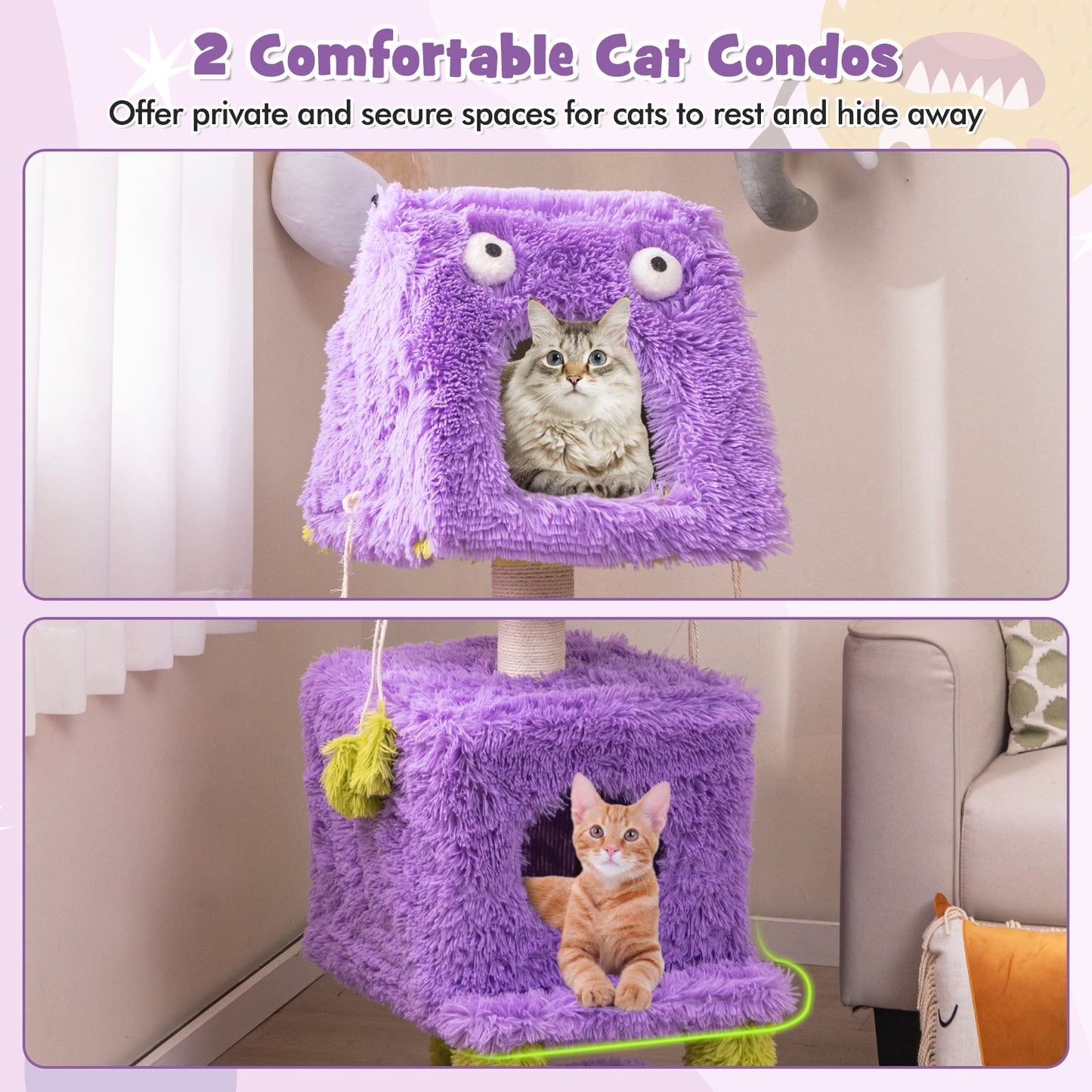 Cute Monster-Themed Cat Tower with Private Condos - Purple