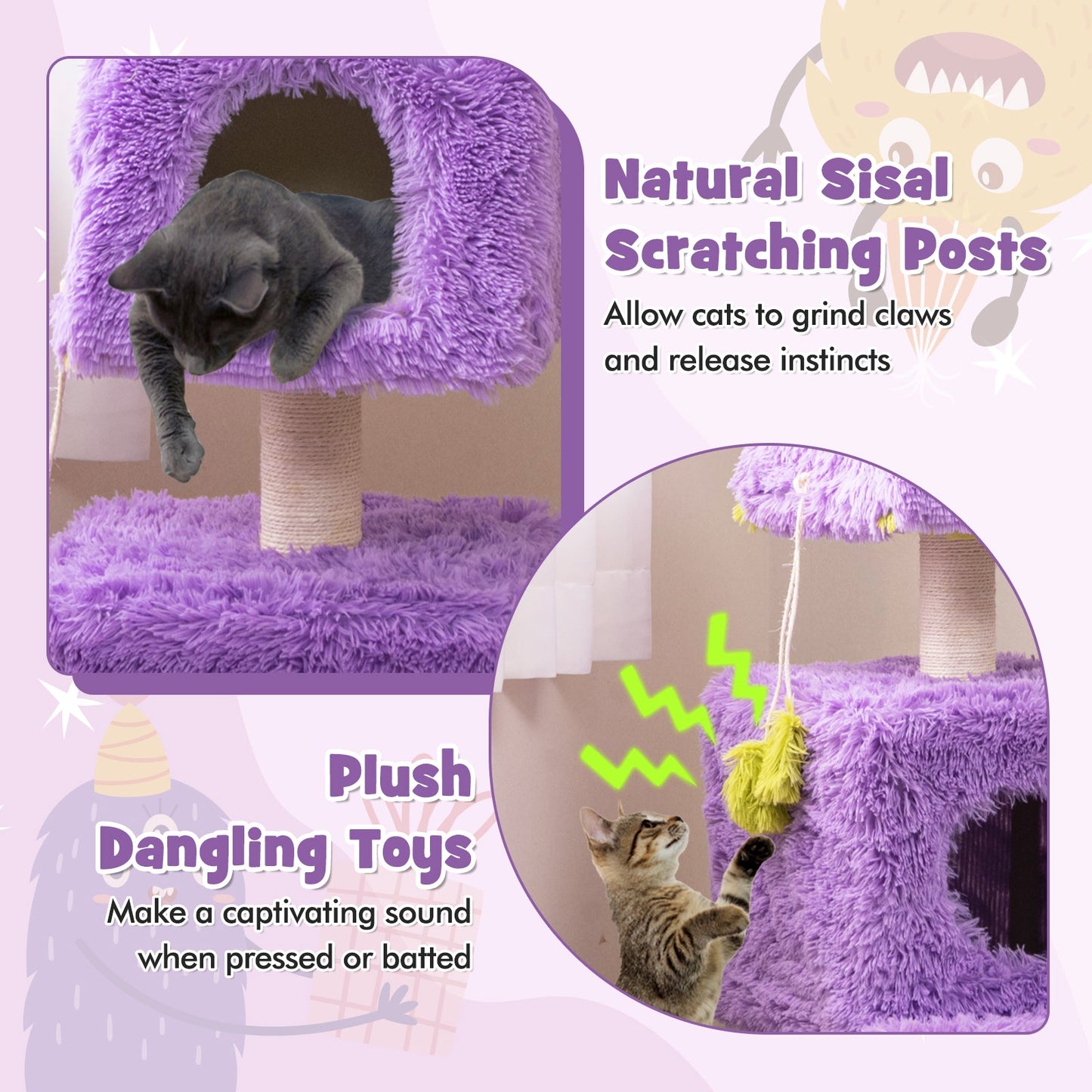 Cute Monster-Themed Cat Tower with Private Condos - Purple