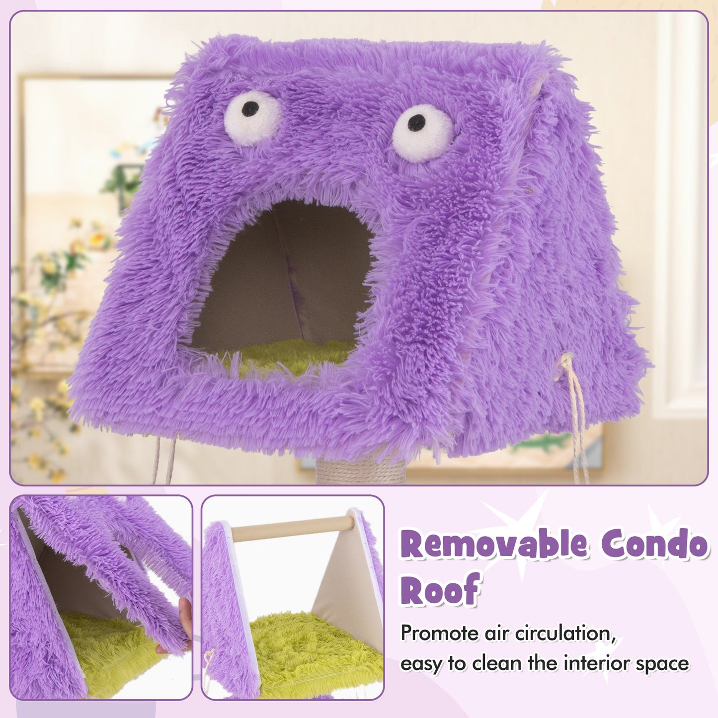 Cute Monster-Themed Cat Tower with Private Condos - Purple