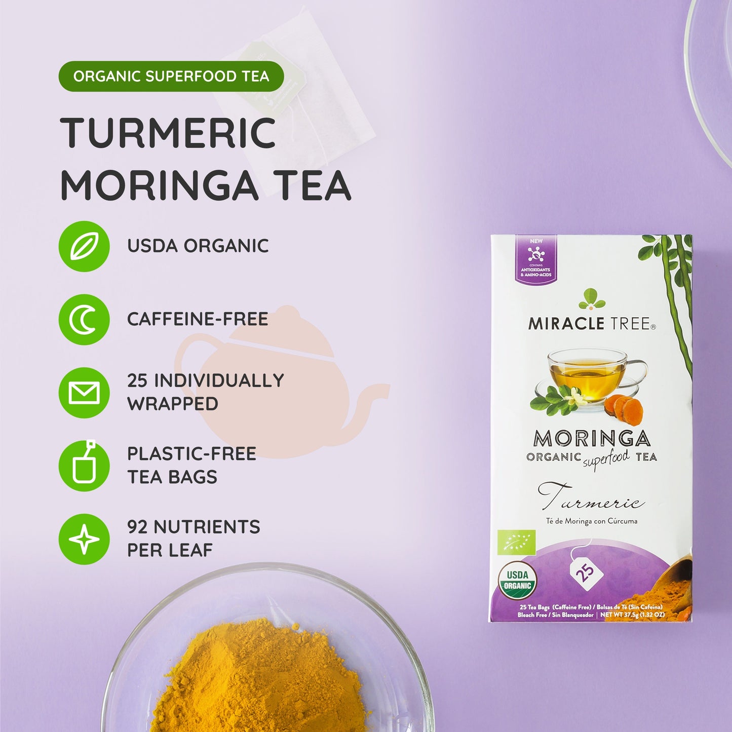 Organic Moringa & Turmeric Tea - 25 Wrapped Tea Bags