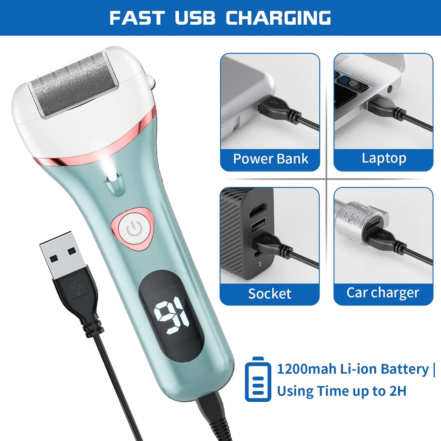 Removedor de callos eléctrico recargable con 3 rodillos