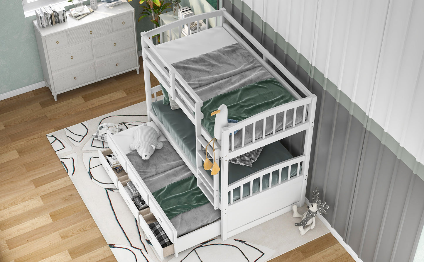 Twin over Twin Wood Bunk Bed with Trundle and Drawers White - Korvel