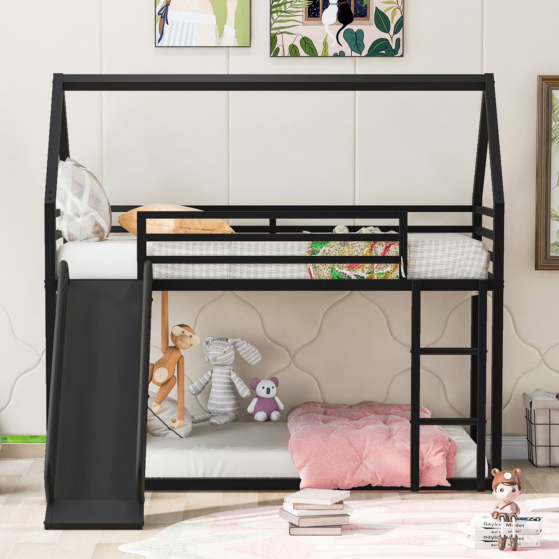 Twin over Twin House Bunk Bed with Ladder and Slide,Black - Korvel